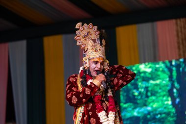 Gaziabad, Uttar Pradesh, Hindistan - 17 Mart 2024: Holi Festivali sırasında renkli etnik giysiler içinde sahnede phoolo ki holi 'yi oynayan genç bir sanatçının portresi.