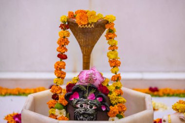 Shivling ya da shiv lingam Lord Shiv 'e tapınmak için renkler ve çiçeklerle süslenmiş. Seçici odak.