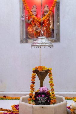 Shivling ya da shiv lingam Lord Shiv 'e tapınmak için renkler ve çiçeklerle süslenmiş. Seçici odak.