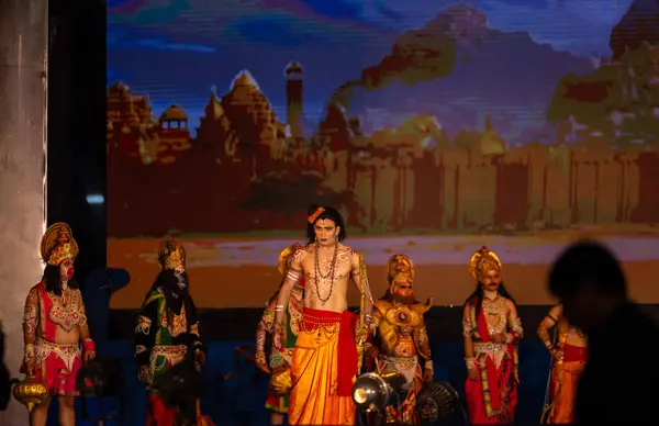 stock image Ghaziabad, Uttar Pradesh, India - October 24 2023: Portrait of a male artist playing character devil king Ravana of Ramayana in Ramlila during the Dussehra festival. 