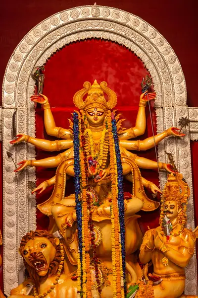 stock image Subho mahalaya, An idol of Goddess Durga decorated in Pandal. Durga Puja is biggest religious festival of Hinduism and for Bengalis and is now celebrated worldwide.