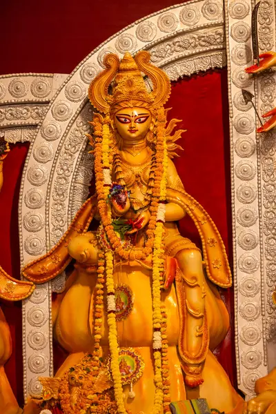 stock image Subho mahalaya, An idol of Goddess Durga decorated in Pandal. Durga Puja is biggest religious festival of Hinduism and for Bengalis and is now celebrated worldwide.