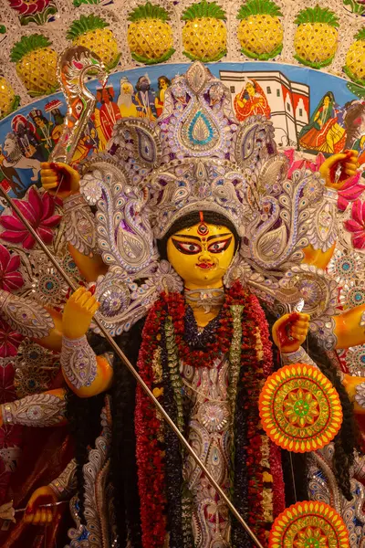 stock image Subho mahalaya, An idol of Goddess Durga decorated in Pandal. Durga Puja is biggest religious festival of Hinduism and for Bengalis and is now celebrated worldwide.