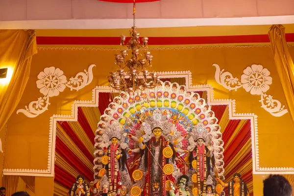 stock image Subho mahalaya, An idol of Goddess Durga decorated in Pandal. Durga Puja is biggest religious festival of Hinduism and for Bengalis and is now celebrated worldwide.