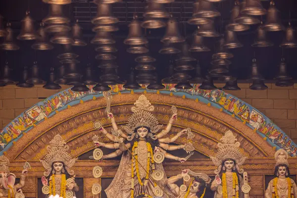 stock image Subho mahalaya, An idol of Goddess Durga decorated in Pandal. Durga Puja is biggest religious festival of Hinduism and for Bengalis and is now celebrated worldwide.