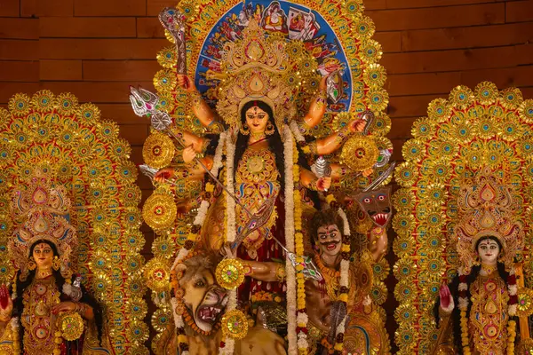 stock image Subho mahalaya, An idol of Goddess Durga decorated in Pandal. Durga Puja is biggest religious festival of Hinduism and for Bengalis and is now celebrated worldwide.