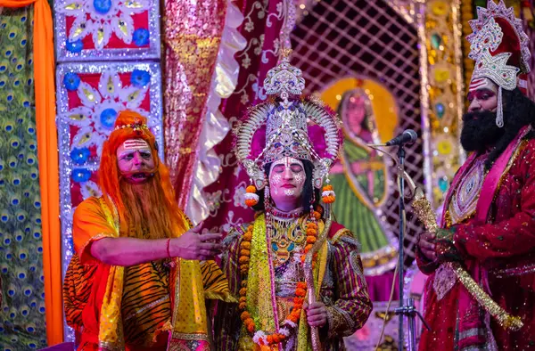 stock image Ghaziabad, Uttar Pradesh, India - October 20th, 2023: Portrait of the indian artists playing characters of hindu holy book ramayana in ramlila during the dussehra festival.