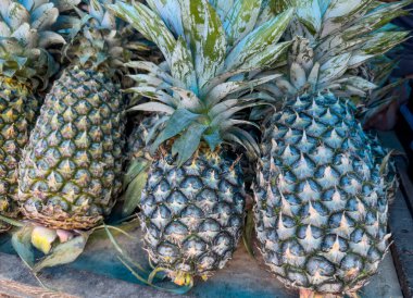 Ahşap arka plan üzerinde taze ananas.