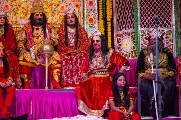 stock image Ghaziabad, Uttar Pradesh, India - October 20, 2023: Portrait of artists playing characters of Hindu god ram of Ramayana in Ramlila during the Dussehra festival.