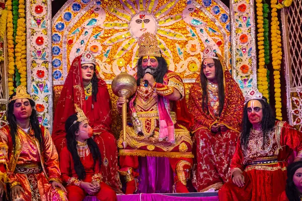 stock image Ghaziabad, Uttar Pradesh, India - October 20, 2023: Portrait of artists playing characters of Hindu god ram of Ramayana in Ramlila during the Dussehra festival.