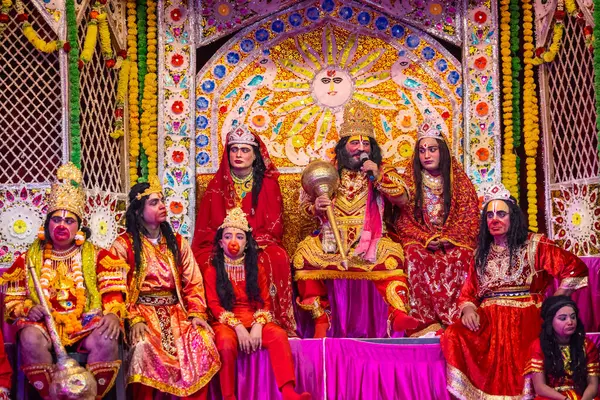 stock image Ghaziabad, Uttar Pradesh, India - October 20, 2023: Portrait of artists playing characters of Hindu god ram of Ramayana in Ramlila during the Dussehra festival.