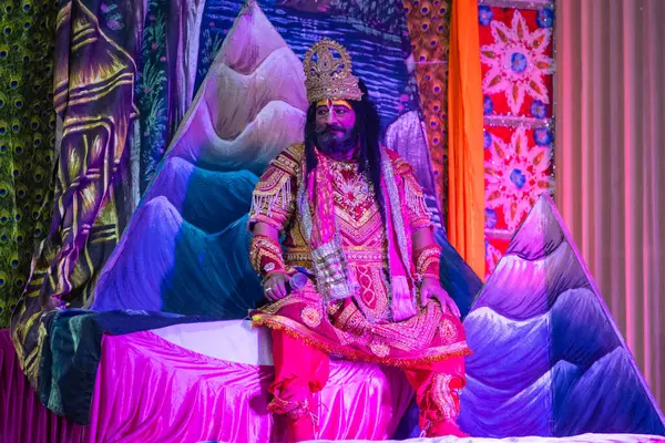 stock image Ghaziabad, Uttar Pradesh, India - October 20, 2023: Portrait of a male artist playing character of Hindu god ram of Ramayana in Ramlila during the Dussehra festival