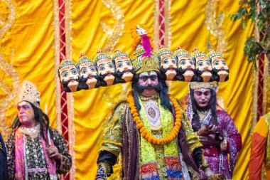 Ghaziabad, Uttar Pradesh, India - October 20 2023: Portrait of a male artist playing character devil king Ravana of Ramayana in Ramlila during the Dussehra festival. clipart