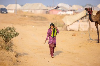Pushkar, Rajasthan, Hindistan - 25 Kasım 2023: Pushkar Deve Fuarı 'nda kış sabahı deve taşıyan renkli geleneksel deve taşıyan Hintli yaşlı bir kadının portresi.