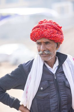 Puşkar, Rajasthan, Hindistan - 25 Kasım 2023: Puşkar Fuarı, Rajasthani 'li yaşlı bir erkeğin portresi geleneksel elbise ve renkli türbanlı bir adam.