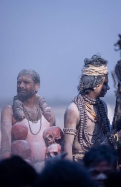 Varanasi, Uttar Pradesh, Hindistan - Mart 03: 2023: Masan Holi, Harishchandra ghat 'ta düzenlenen İstanbul bayramı sırasında efendi shiva gibi giyinmiş kuru külle boyanmış bir erkek dindar portresi.