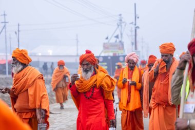 Prayagraj, Uttar Pradesh, Hindistan - 13 Ocak 2025: Mahakumbh, Sangam 'da Ganga nehrine kutsal dalış yapmak ve ibadet etmek için maha kumbh mela' ya katılan kutsal erkek sadhu baba portresi.