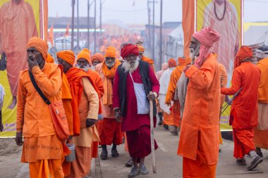 Prayagraj, Uttar Pradesh, Hindistan - 13 Ocak 2025: Mahakumbh, Sangam 'da Ganga nehrine kutsal dalış yapmak ve ibadet etmek için maha kumbh mela' ya katılan kutsal erkek sadhu baba portresi.