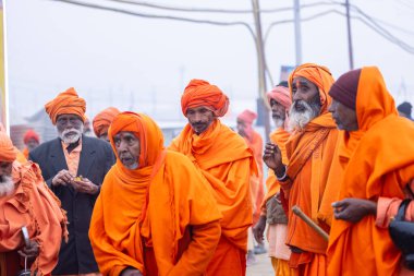 Prayagraj, Uttar Pradesh, Hindistan - 13 Ocak 2025: Mahakumbh, Sangam 'da Ganga nehrine kutsal dalış yapmak ve ibadet etmek için maha kumbh mela' ya katılan kutsal erkek sadhu baba portresi.