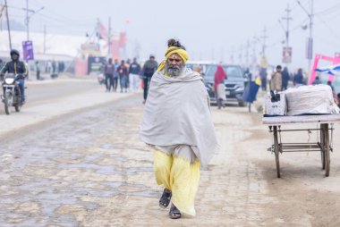 Prayagraj, Uttar Pradesh, Hindistan - 13 Ocak 2025: Mahakumbh, Sangam 'da Ganga nehrine kutsal dalış yapmak ve ibadet etmek için maha kumbh mela' ya katılan kutsal erkek sadhu baba portresi.