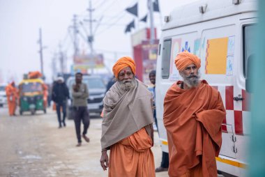 Prayagraj, Uttar Pradesh, Hindistan - 13 Ocak 2025: Mahakumbh, Sangam 'da Ganga nehrine kutsal dalış yapmak ve ibadet etmek için maha kumbh mela' ya katılan kutsal erkek sadhu baba portresi.