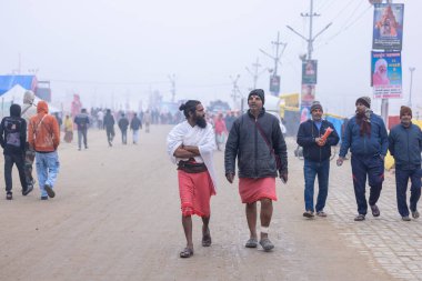 Prayagraj, Uttar Pradesh, Hindistan - 13 Ocak 2025: Mahakumbh, Pereagraj 'da maha kumbh mela' ya katılan kutsal erkek sadhu portresi.