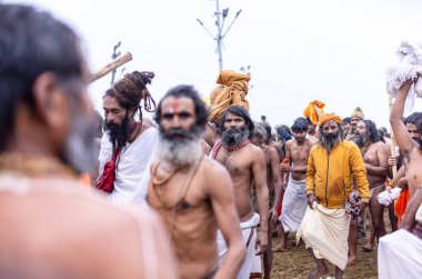 Prayagraj, Uttar Pradesh, Hindistan - 14 Ocak 2025: Mahakumbh, Mahakumbh, kutsal sadhu grubu ve dindarlar Sangam 'daki Ganga Nehri' ne doğru yürüyorlar..
