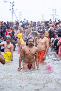 Prayagraj, Uttar Pradesh, Hindistan - Ocak 2025: Mahakumbh, Mahakumbh, kutsal erkek sadhu baba grubu makar sankranti amrit snaan sırasında Ganga nehrinde kutsal dalış yapıyor.