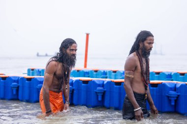 Prayagraj, Uttar Pradesh, Hindistan - 13 Ocak 2025: Mahakumbh, kutsal naga sadhu baba 'nın portresi Sangam' da Ganga nehrinde kutsal dalış yapıyor.