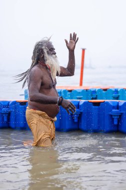 Prayagraj, Uttar Pradesh, Hindistan - 13 Ocak 2025: Mahakumbh, kutsal naga sadhu baba 'nın portresi Sangam' da Ganga nehrinde kutsal dalış yapıyor.