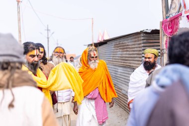 Anandpur Sahib, Punjab, Hindistan - 19 Mart 2022: Hola Mohalla festivali sırasında Anandpur Sahib 'de düzenlenen Sih halkının Portresi (Nihang Sardar). Seçili odak.