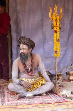 Prayagraj, Uttar Pradesh, Hindistan - 13 Ocak 2025: Mahakumbh, Mahakumbh, kutsal erkek naga sadhu baba grubu, Sangam 'daki kutsal nehir kenevirine ibadet etmek için Pagraj' da maha kumbh mela 'ya katılıyor..