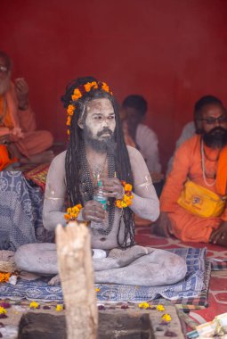 Prayagraj, Uttar Pradesh, Hindistan - 13 Ocak 2025: Mahakumbh, Mahakumbh, kutsal erkek naga sadhu baba grubu, Sangam 'daki kutsal nehir kenevirine ibadet etmek için Pagraj' da maha kumbh mela 'ya katılıyor..