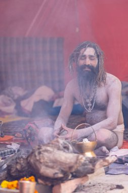 Prayagraj, Uttar Pradesh, Hindistan - 13 Ocak 2025: Mahakumbh, Mahakumbh, kutsal erkek naga sadhu baba grubu, Sangam 'daki kutsal nehir kenevirine ibadet etmek için Pagraj' da maha kumbh mela 'ya katılıyor..