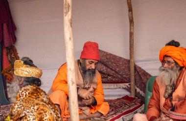 Prayagraj, Uttar Pradesh, Hindistan - 13 Ocak 2025: Mahakumbh, Kutsal erkek naga sadhu baba 'nın Sangam' daki kutsal nehir kenevirine ibadet etmek için Pagraj 'da maha kumbh mela' ya katılan portresi.