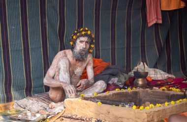 Prayagraj, Uttar Pradesh, Hindistan - 13 Ocak 2025: Mahakumbh, Kutsal erkek naga sadhu baba 'nın Sangam' daki kutsal nehir kenevirine ibadet etmek için Pagraj 'da maha kumbh mela' ya katılan portresi.