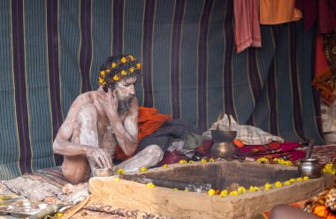 Prayagraj, Uttar Pradesh, Hindistan - 13 Ocak 2025: Mahakumbh, Kutsal erkek naga sadhu baba 'nın Sangam' daki kutsal nehir kenevirine ibadet etmek için Pagraj 'da maha kumbh mela' ya katılan portresi.
