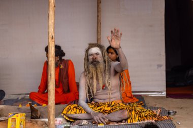 Prayagraj, Uttar Pradesh, Hindistan - 13 Ocak 2025: Mahakumbh, Kutsal erkek naga sadhu baba 'nın Sangam' daki kutsal nehir kenevirine ibadet etmek için Pagraj 'da maha kumbh mela' ya katılan portresi.