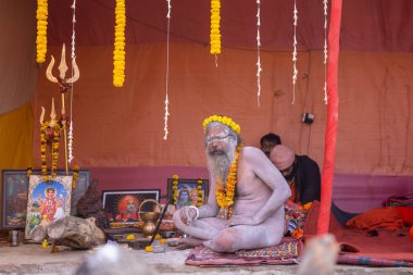 Prayagraj, Uttar Pradesh, Hindistan - 13 Ocak 2025: Mahakumbh, Kutsal erkek naga sadhu baba 'nın Sangam' daki kutsal nehir kenevirine ibadet etmek için Pagraj 'da maha kumbh mela' ya katılan portresi.