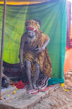 Prayagraj, Uttar Pradesh, Hindistan - 13 Ocak 2025: Mahakumbh, Kutsal erkek naga sadhu baba 'nın Sangam' daki kutsal nehir kenevirine ibadet etmek için Pagraj 'da maha kumbh mela' ya katılan portresi.