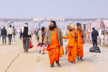 Prayagraj, Uttar Pradesh, Hindistan - 13 Ocak 2025: Mahakumbh, Kutsal erkek naga sadhu baba 'nın Sangam' daki kutsal nehir kenevirine ibadet etmek için Pagraj 'da maha kumbh mela' ya katılan portresi.