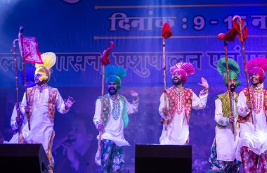 Bikaner, Rajasthan, Hindistan - 14 Ocak 2023: Punjab 'dan bir grup Punjab sanatçısı bikaner deve festivalinde geleneksel renkli elbiseler içinde bhangra dansı yapıyorlar.