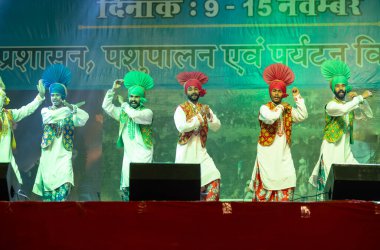 Bikaner, Rajasthan, Hindistan - 14 Ocak 2023: Punjab 'dan bir grup Punjab sanatçısı bikaner deve festivalinde geleneksel renkli elbiseler içinde bhangra dansı yapıyorlar.
