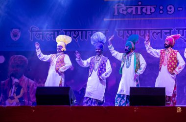Bikaner, Rajasthan, Hindistan - 14 Ocak 2023: Punjab 'dan bir grup Punjab sanatçısı bikaner deve festivalinde geleneksel renkli elbiseler içinde bhangra dansı yapıyorlar.