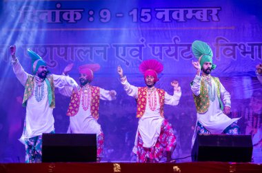 Pushkar, Rajasthan, Hindistan - 11 Kasım 2024: Bhangra, Sih erkek sanatçılar grubu renkli etnik elbiseler içinde bhangra dansı yapıyorlar..