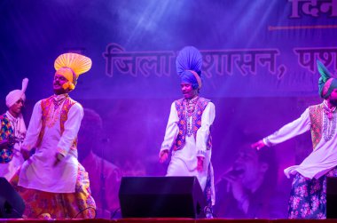 Puşkar, Rajasthan, Hindistan - 11 Kasım 2024: Bhangra, Bhangra grubu, açık hava kültür gecesi renkli etnik elbiseler içinde bhangra dansı yapıyor.