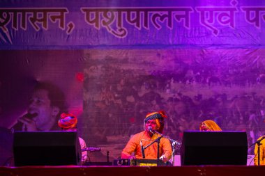 Puşkar, Rajasthan, Hindistan - 11 Kasım 2024: Bhangra, Bhangra grubu, açık hava kültür gecesi renkli etnik elbiseler içinde bhangra dansı yapıyor.