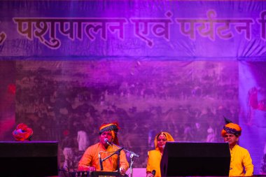 Puşkar, Rajasthan, Hindistan - 11 Kasım 2024: Bhangra, Bhangra grubu, açık hava kültür gecesi renkli etnik elbiseler içinde bhangra dansı yapıyor.