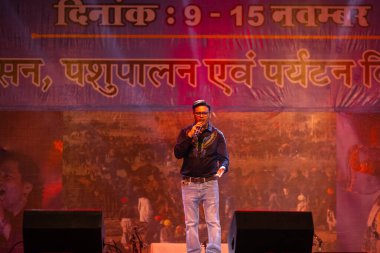 Puşkar, Rajasthan, Hindistan - 11 Kasım 2024: Bhangra, Bhangra grubu, açık hava kültür gecesi renkli etnik elbiseler içinde bhangra dansı yapıyor.