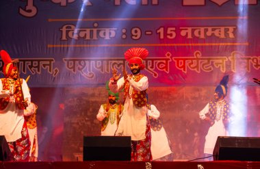 Pushkar, Rajasthan, Hindistan - 11 Kasım 2024: Bhangra, Sih erkek sanatçılar grubu renkli etnik elbiseler içinde bhangra dansı yapıyorlar..